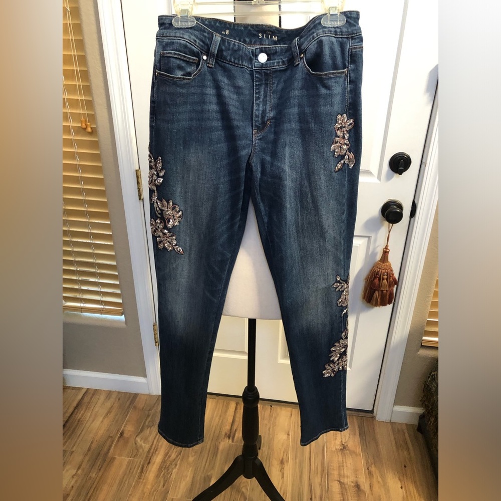 COPY - WHBM Jeans with pink sequins/embroidery. Size 6